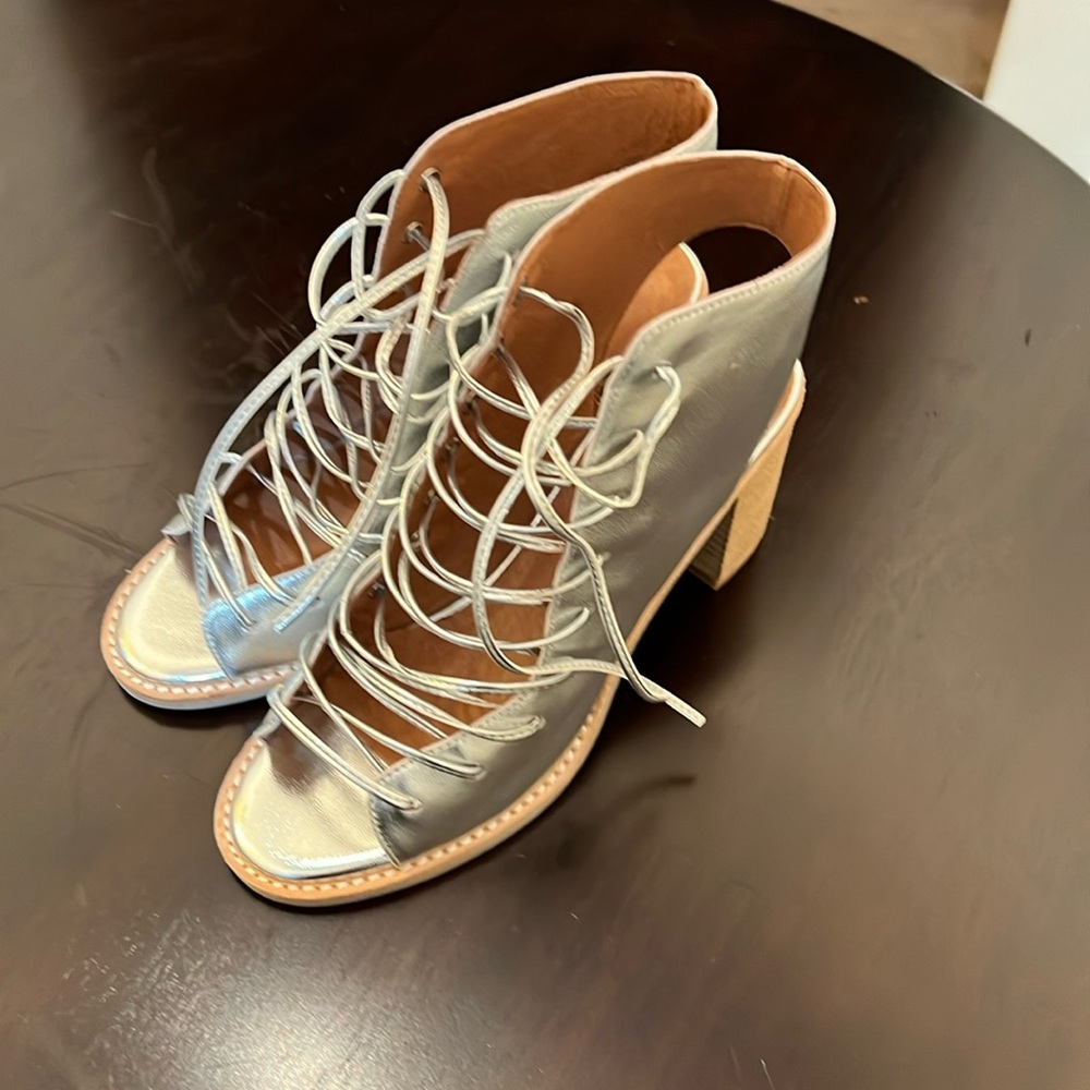Free PEOPLE Jeffrey Campbell Silver Lace-Up Heeled Sandals